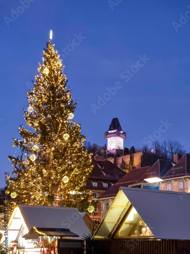 Beautiful Christmas decorations at Hauptplatz , at night, in the city center of Graz, Styria region, Austria