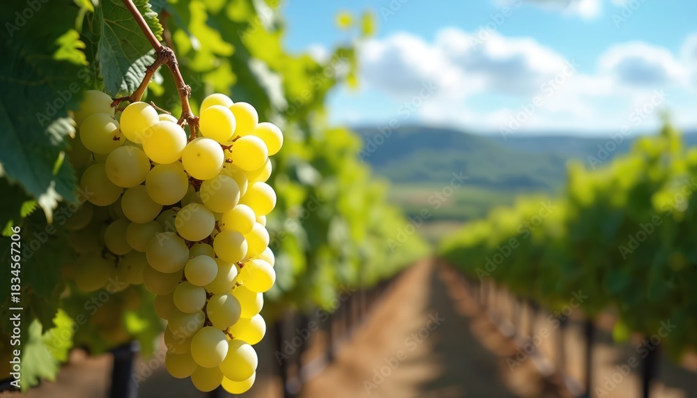 Obraz premium Bright green grapes ripen on vine in sunny vineyard. Abundant fruit hangs from branches. Long rows of grapevines stretch far into distance under clear blue sky. Summer harvest ready for making