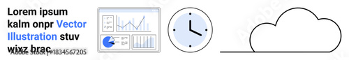 Chart with data analytics, analog clock, cloud icon. Ideal for data tracking, time management, cloud computing, analytics tools, business operations, futuristic designs simple landing page