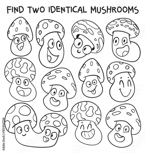 Black and white puzzle with cute cartoon mushrooms. Fun activity page for kids - find two identical mushrooms. Coloring page for children learning and entertainment. Spot it