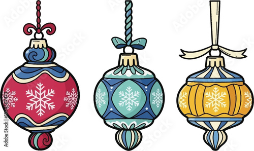 Christmas ornaments vector set holiday decorations illustration traditional winter festive baubles isolated on transparent background, Vector