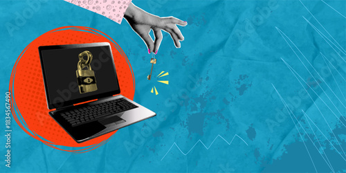 A trendy halftone collage in a pop art style. A closed lock hangs on a laptop, and a human hand holds the key. Protect your personal data online.
