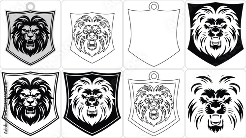 Collection of lion head banners and shields in black and white