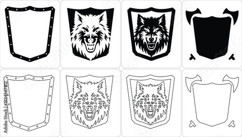 Collection of shield and wolf emblems for design and gaming