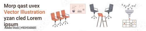 Office culture, teamwork, data analysis, workplace trends, business planning, corporate strategy. Rows of chairs, data funnel analytics chart. Office culture and teamwork concepts