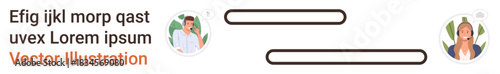 Digital communication, messaging interface, teamwork interaction, user profiles, mobile apps, social connection. Two characters connected by chat lines. Digital communication and messaging interface