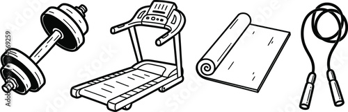 A set of four hand-drawn doodle icons on a single image a wobbly dumbbell a crooked treadmill outline a rough yoga mat and an imperfect jump rope all in solid black on white