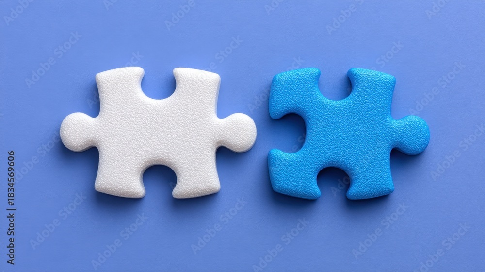 Fototapeta premium Two Interlocking Puzzle Pieces in White and Blue on a Light Blue Background Representing Problem Solving and Teamwork Concepts in Creative Settings