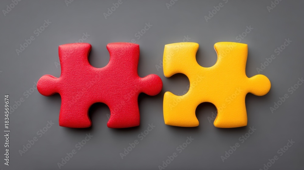 Fototapeta premium Colorful Red and Yellow Puzzle Pieces on Dark Background Symbolizing Problem Solving, Teamwork, and Cooperation in Design and Creative Contexts
