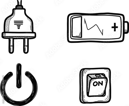 A set of four hand-drawn doodle icons on a single image a wobbly electric plug a crooked battery outline a rough power button and an imperfect light switch all in solid black on white