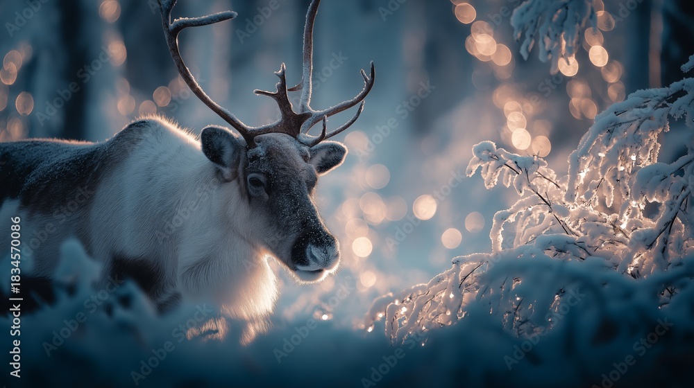 Naklejka premium Reindeer standing in snowy forest with magical Christmas lights. Reindeer standing in deep snow, illuminated by magical Christmas lights in a winter forest