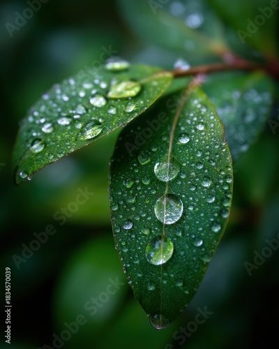 Fresh water droplets on green leaf macro nature photography after rain wet foliage
