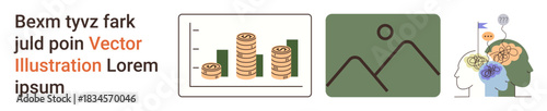 Financial analytics, mental creativity, data organization, brainstorming, growth insights, and mind mapping. Coins stacked with a chart, a landscape icon and a brainstorming head. Financial