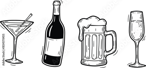 A set of four hand-drawn doodle icons on a single image a wobbly martini glass a crooked wine bottle a rough beer mug and an imperfect champagne flute