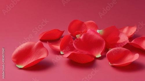 Delicate Red Rose Petals on a Soft Pink Background for Romantic Decorations and Celebratory Occasions in Nature-Inspired Style