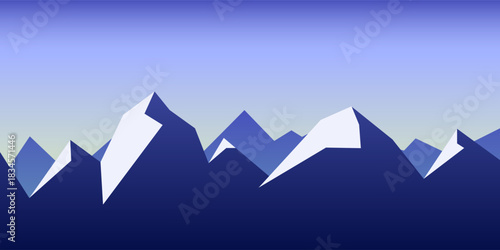 Minimalist vector landscape illustration with mountain peaks with snowy tops, and gradient sky. Perfect for backgrounds, outdoor design, and banners.