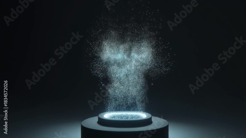 Dynamic nanocure particle eruption on a glowing sci-fi platform, a dark futuristic vision of advanced technology