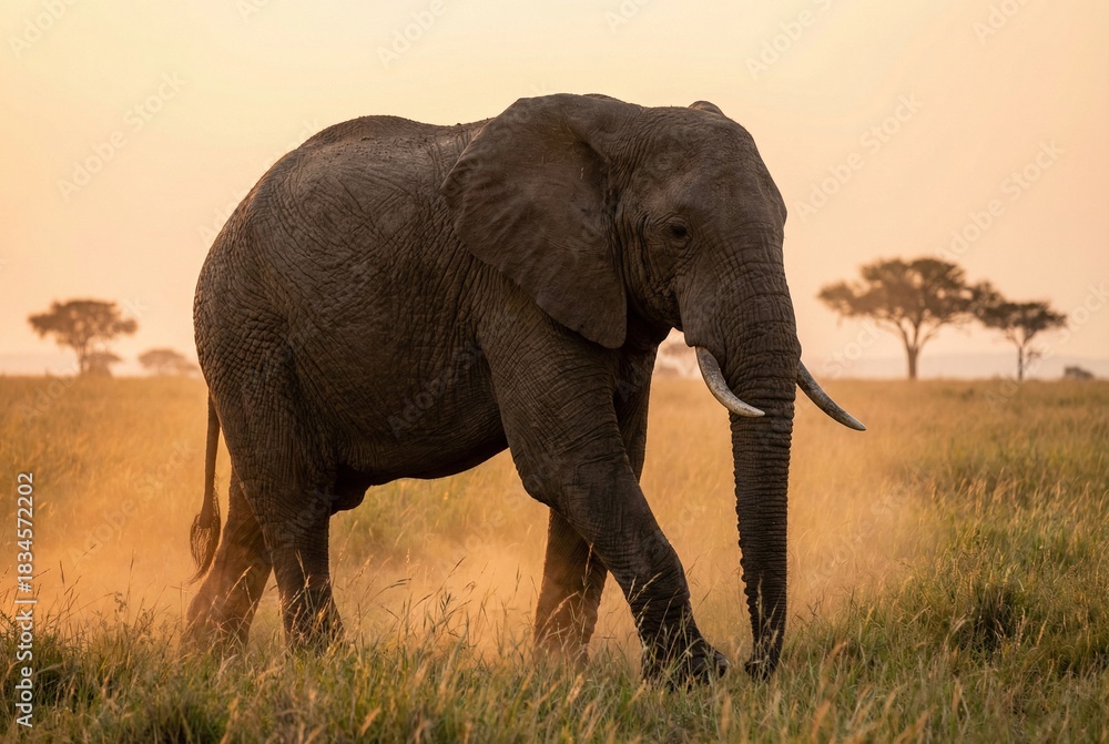 Obraz premium Large African elephant walking through tall savanna grass at golden hour