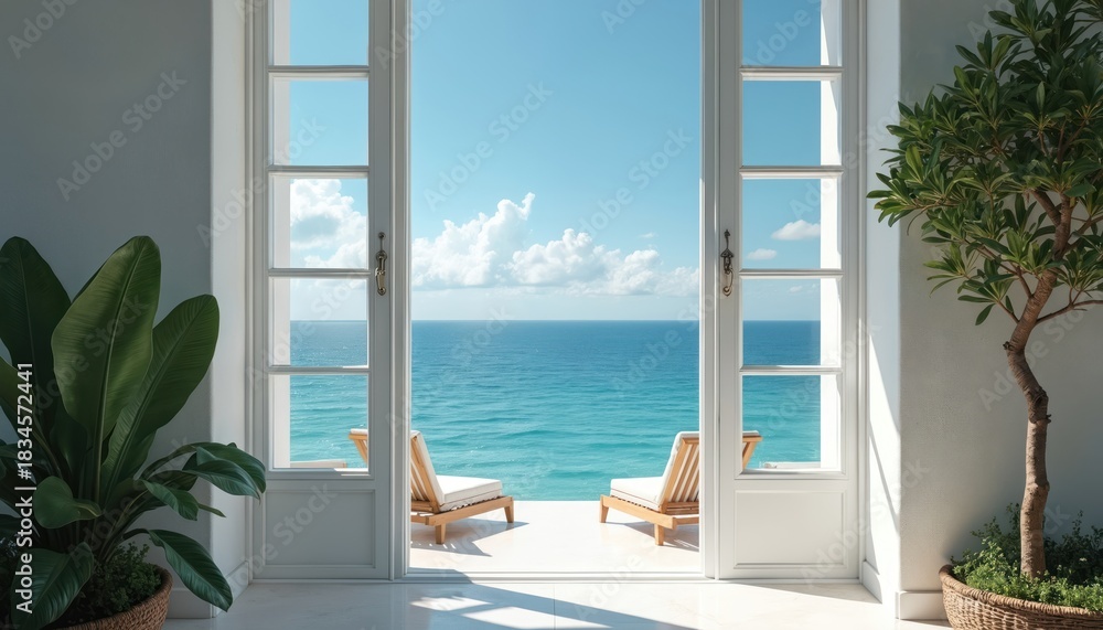 Fototapeta premium Bright interior view opens to blue ocean expanse with clear sky and fluffy clouds. Two loungers await on sunny terrace by sea. Rich green plants frame this tranquil vacation paradise.