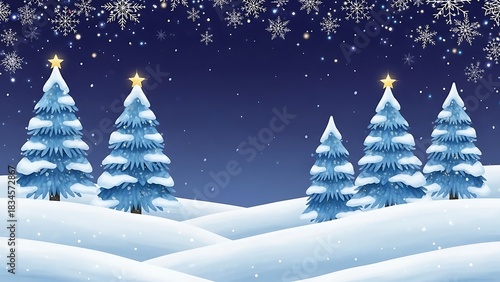 magical winter christmas tree background with falling snow and glowing stars