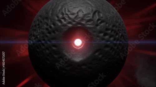 Enigmatic Medisphere A Dark Futuristic Spherical Device with a Central Glowing Red Aperture in a Void