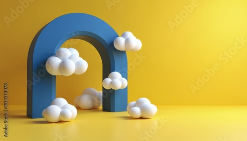 Fototapeta Naklejka Na Ścianę i Meble -  Abstract 3D scene with blue arch and white clouds. Minimal yellow background shows floating cumulus shapes. Geometric tunnel portal metaphor for dreamlike fantasy.