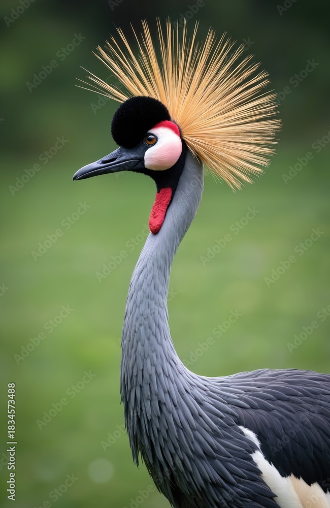 Obraz premium Gray crowned crane with golden feathers on head. Large bird has black beak, red wattle on neck, gray white and black body. Wildlife portrait against green natural background.