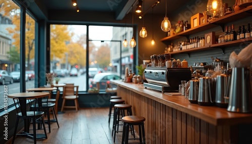 Fototapeta Naklejka Na Ścianę i Meble -  Cozy coffee shop interior features long wooden bar counter with coffee machine. Warm lights illuminate space. Small tables, chairs sit by window looking at city street with autumn trees. Cafe empty,