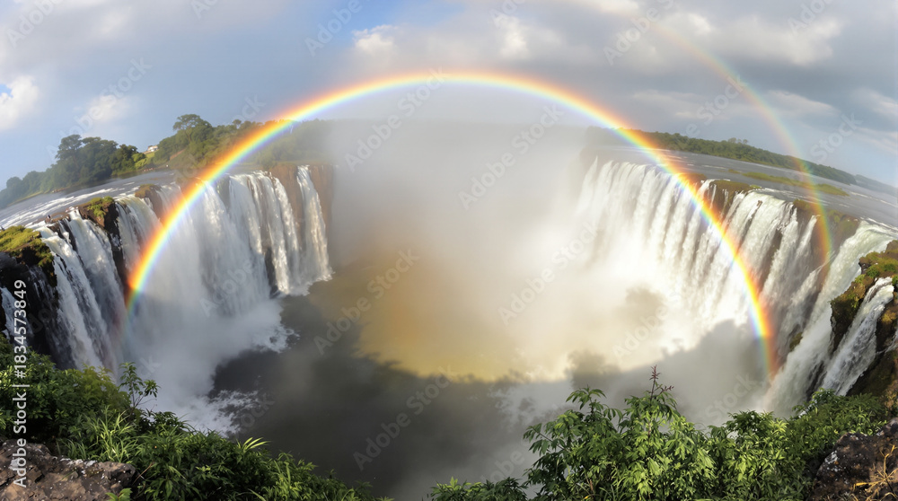 Fototapeta premium Spectacular Rainbow over Cascading Waterfall: A panoramic view captures a breathtaking rainbow arcing majestically over a powerful waterfall, symbolizing nature's beauty and serenity.