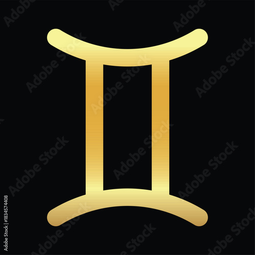 Golden zodiac sign Gemini. Gold glossy element zodiac symbol isolated on black background. Horoscope, astrology. Vector illustration. Luxurious design for prints, posters, cards and creative projects.