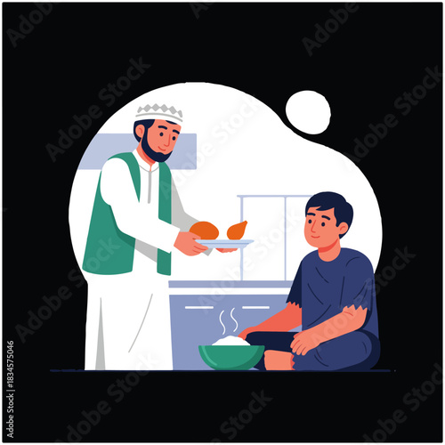 A compassionate Muslim man in traditional attire offers a plate of food to a poor, seated boy, illustrating an act of charity.