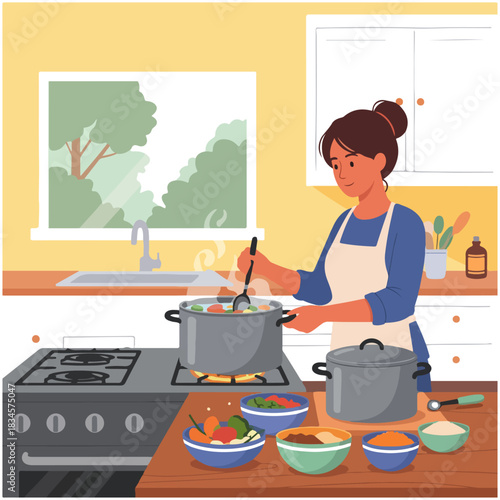 A woman in an apron stirring a pot on a stovetop in a bright kitchen with various ingredients prepared.
