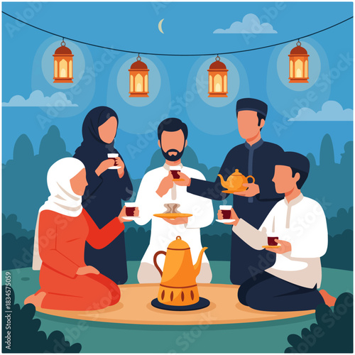 A group of Muslim people sharing tea outdoors under lanterns at night, celebrating a special occasion.