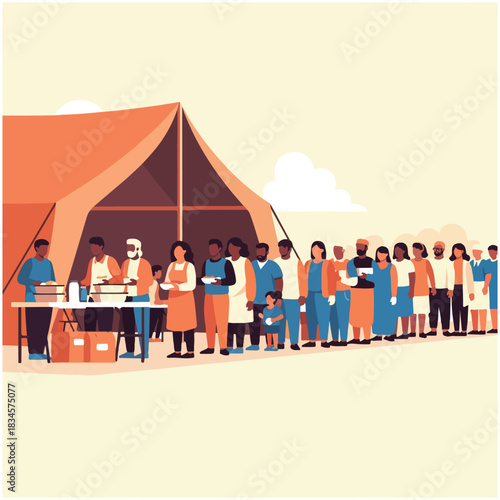 People line up for food at a tent during a relief effort.