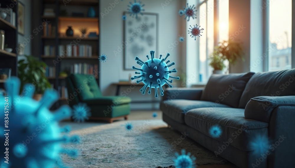 Naklejka premium Modern home living room shows comfortable grey couch, green armchair, bookshelf. Microscopic virus particles float in air. Abstract render illustrates airborne germs, bacteria, health risk, pollution