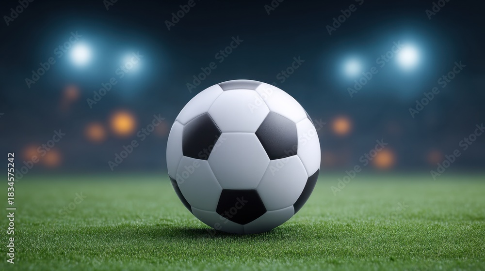 Obraz premium Close-up View of a Classic Soccer Ball on a Green Field Under Stadium Lights with Blurred Background and Light Bokeh Effects
