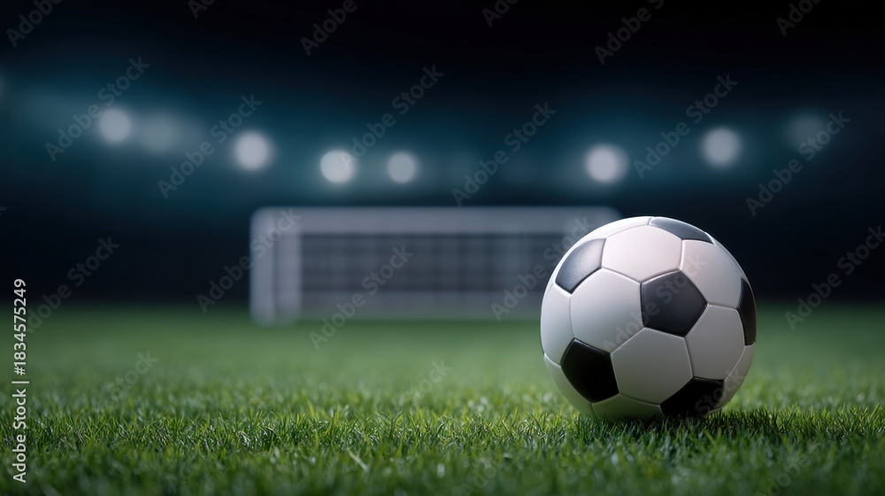 Fototapeta premium Soccer Ball on Grass Field with Goal in Background Under Bright Stadium Lights for Sports and Recreation Images