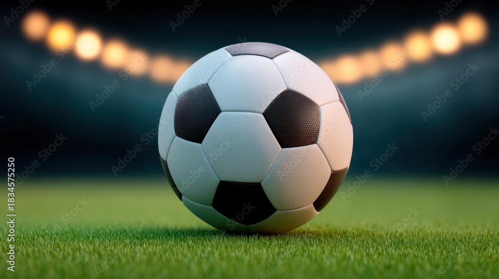 Fototapeta premium Realistic soccer ball resting on lush green grass with blurred stadium lights in background creating a dramatic sports atmosphere