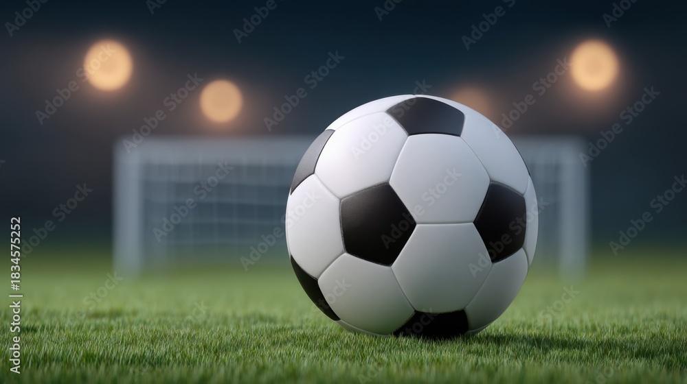 Naklejka premium Close-up View of a Soccer Ball on Green Grass with Goal in Background and Soft Glowing Bokeh Lights, Perfect for Sports-themed Projects and Designs