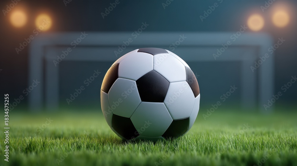 Fototapeta premium Close-up of a classic black and white soccer ball resting on vibrant green grass pitch with a blurred goalpost in the background at dusk lighting