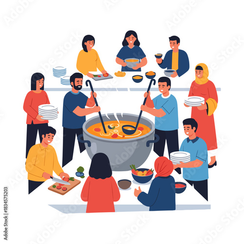 Diverse group of people preparing and sharing food in a communal kitchen setting.