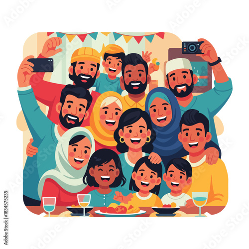 A large, happy Muslim family taking a group selfie together during a festive meal celebration.