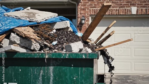 Construction debris in large green dumpster for waste removal and renovation project