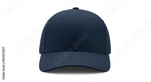 Front view of a navy blue baseball cap isolated on white background