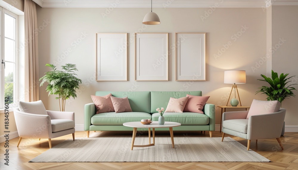 Fototapeta premium Soft pastel modern living room with blush and sage decor, curved furniture, and three minimalist empty frames.