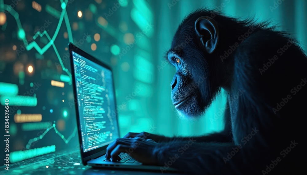 Naklejka premium Intelligent chimpanzee sits at desk, types on laptop keyboard, code visible on screen. Ape uses computer, studies data graphs, learns digital world, advanced tech.