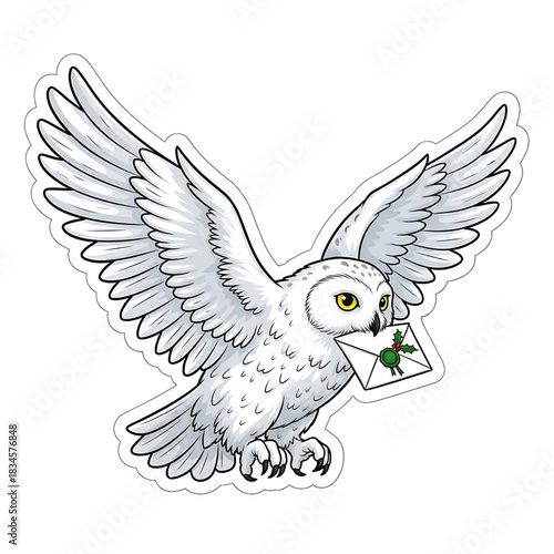 A white snowy owl carries a small envelope while gliding gracefully through the air.