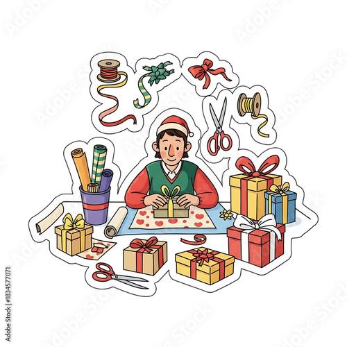A cheerful elf works at a table surrounded by gifts and holiday crafts.