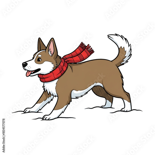 A playful husky runs energetically across the snowy landscape.