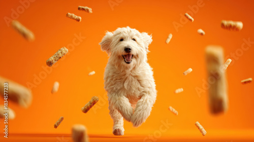 Playful Pup's Treat Frenzy: A joyful dog frolics amidst a cascade of treats, its furry coat catching the light against a vibrant backdrop, celebrating with pure happiness.